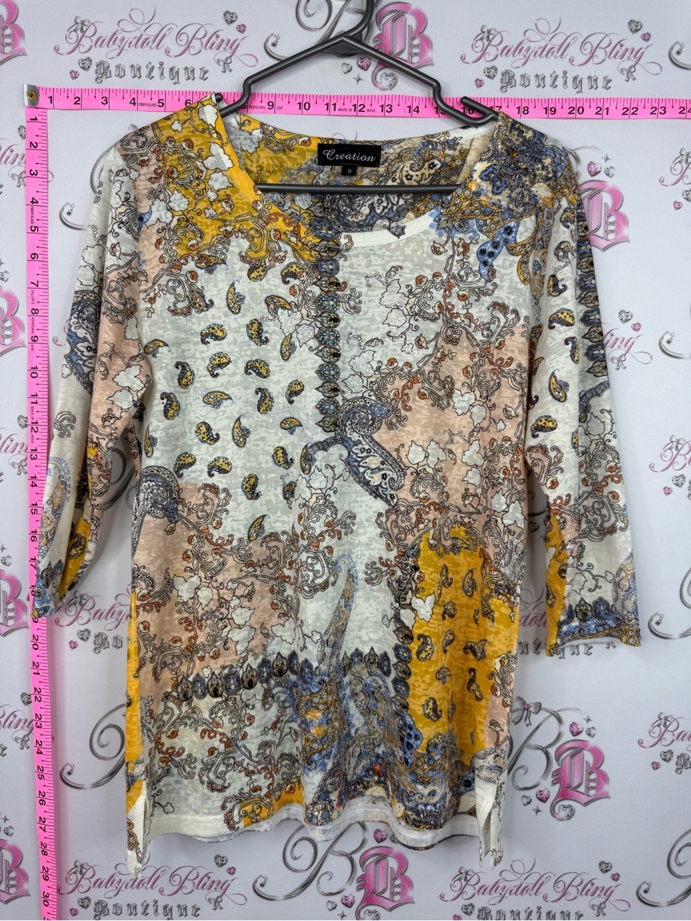 Creation top rhinestones crystal Paisley Print Scoop Neck Top - Yellow Multi